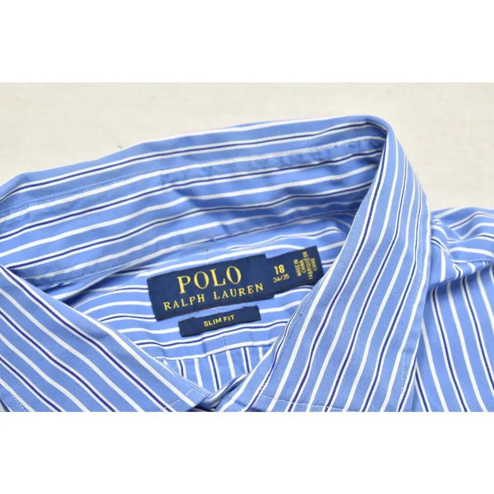 Polo Ralph Lauren Mens 18 34/35 Slim Fit Blue White Striped Dress Shirt Long Sle
